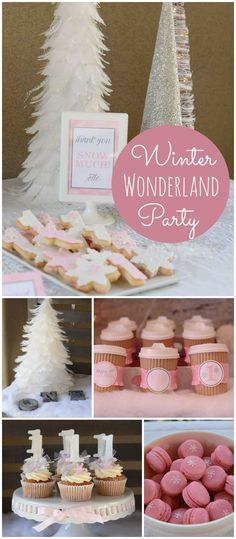 a pink and white winter wonderland party with desserts, cupcakes and cookies