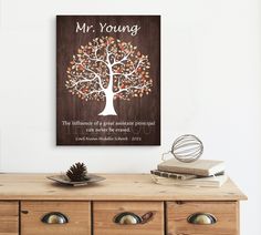 a personalized family tree is displayed on a wall above a wooden table with books