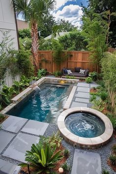 A small backyard pool with a hot tub, surrounded by lush greenery, tall bamboo plants, a wooden fence, and a cozy seating area with cushions. Plunge Pool With Hot Tub, Small Backyard With Pool, Plunge Pool Ideas Small Spaces, Pool Alternatives, Mini Pool Ideas, Pool Plans, Cowboy Pool