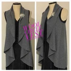 two pictures of a woman's grey vest with ruffles