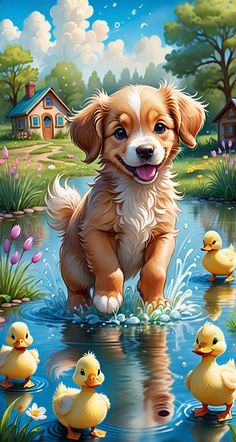 a dog is standing in the water surrounded by ducks