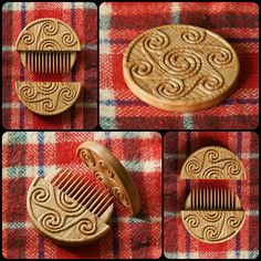 four different pictures of a wooden comb