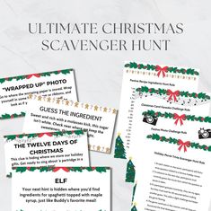 the ultimate christmas scavenger hunt is on display in front of a marble background