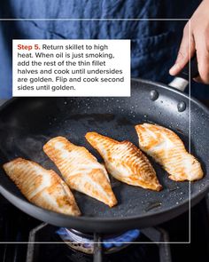 someone cooking fish in a skillet on the stove with instructions about how to cook them