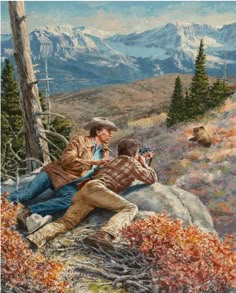 a painting of two men sitting on top of a mountain with mountains in the background