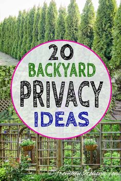 a sign that says backyard privacy ideas with trees in the background and bushes around it