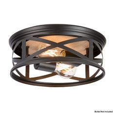 a light that is on top of a metal caged ceiling fixture with two lights