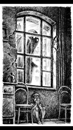 Horror Scene Drawing, Window Drawing Sketch, Looking Out Window Drawing, Open Window Drawing, Window Illustration Drawing, Window Horror, Creepy Window, Black Pen Sketches, Nightmare Art