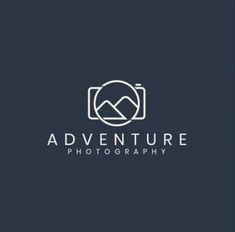 the adventure photography logo is shown on a dark blue background with white letters and mountains