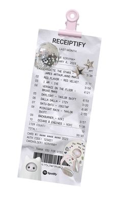 a receipt with some items attached to it