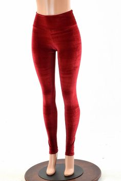 "This item is made to order, please read all the way through the listing before purchasing! These leggings are made of bright red stretch velvet, with a flattering 11\" high rise, and a smooth anti muffin top waistband. This velvet is soooo soft, not the cheap and itchy panne, this is true lycra velvet. Smooth as butter, and so flattering and comfy! Inseam: 32\" Rise: 11\" If you need a different inseam length, please tell us how long you need your inseam in the \"notes\" section at checkout! Wo Red Stretch Footless Bottoms, Red High-stretch Leggings For Fall, Red High Stretch Leggings For Fall, High Stretch Red Leggings For Fall, Red High Stretch Bottoms For Fall, High Waist Red Leggings For Fall, High Waist Fitted Velvet Bottoms, High Stretch Red Bottoms For Fall, Fitted High Waist Velvet Bottoms