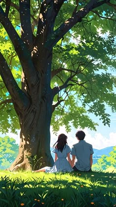 two people sitting under a tree looking at the scenery in this anime style painting,