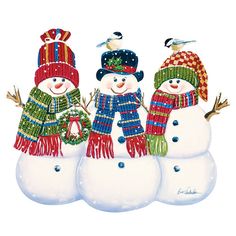 three snowmen with hats and scarves on their heads are standing next to each other