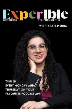 a woman with long curly hair and glasses on the cover of expertise magazine, featuring an image of her smiling