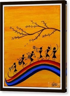 an abstract painting with people playing instruments and dancing on the beach in front of a tree