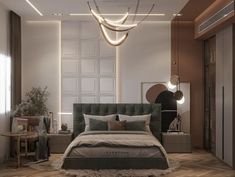 a bedroom with a large bed and lots of lights on the ceiling, along with wooden flooring