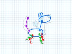 a drawing of a cartoon character with different colored dots on his face and arms, standing in front of a graph paper background