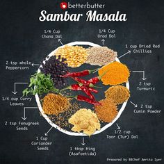 an image of different types of spices on a blackboard with the words better butter, sambar masala written below it