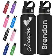 two water bottles with the words bremon on them in different colors and designs