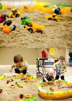 two boys playing with toys in the sand at a birthday party, and then having fun