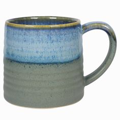 a blue and gray coffee mug on a white background