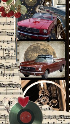 a collage of old cars and music sheets with hearts in the middle, on top of sheet music