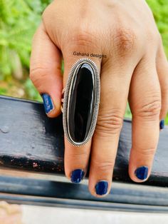 Elegant Onyx Crystal Ring, Black Onyx Crystal Ring With Gemstone, Oval Onyx Cabochon Ring, Luxury Polished Onyx Rings, Ring Black Stone, Silver Onyx Cabochon Rings, Boho Statement Ring, Halloween Ring, Black Stone Ring