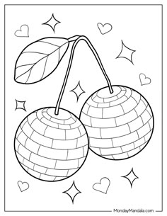 two cherries with leaves and hearts in the background coloring page for kids to color