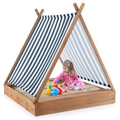 Treat your little ones to endless fun with this beautifully designed sandbox. Featuring a removable canopy made of Oxford fabric. More importantly, the stable frame crafted from crack-resistant fir wood that is a gift from nature provides a secure area to withstand kids active playing, without any splinter to hurt your babys skin. The large open-ended bottom holds abundant sand and makes cleaning a breeze. In addition, completed with 2 bench seats for up to 4 kids, the wooden sandbox for kids is Outdoor Play Tent, Sandbox With Canopy, Sandbox With Cover, Wooden Sandbox, Kids Sandbox, Outdoor Play Space, Paint Making, Outdoor Cabana, Sand Pit