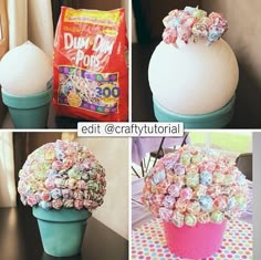 four pictures show different ways to decorate an ice cream cone with candies in it