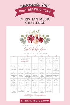 the bible reading plan and christian music challenge is shown in pink with flowers on it