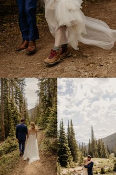 the bride and groom are walking through the woods