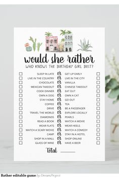 a printable wedding game with the words, would she rather be?