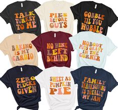 "Our Funny Family Thanksgiving Shirts 2023 come in a variety of phrases so every one in your family or friends group can choose their own. Great for your thanksgiving group photos, too ● Parents' shirts are Bella and Canvas brand t-shirt ● UNISEX adult sizing ● Toddler and Youth shirts available ● Props used in photos are NOT included with purchase HOW TO ORDER: 1. Select your first size and color, then click \"ADD TO CART\" 2. Return to the listing. 3. Repeat for all the shirts you want. 4. Complete checkout 5. Check your shipping address to make sure it's correct! PLEASE MAKE SURE YOU CHOOSE SIZES CAREFULLY AND LOOK AT THE SIZE CHARTS as all sales are final. SIZE: ● Take a look at the photos to see a specific size chart for this T-Shirt and bodysuit style ● PLEASE NOTE: these t-shirts ar Cute Thanksgiving Shirts Family, Friends Family Tshirts, Funnt Thanksgiving Shirts, Classroom Thanksgiving Shirts, Friends Themed Thanksgiving Shirts, Friendsgiving Shirts, Thanksgiving Puns, Family Thanksgiving Shirts, Thanksgiving Clothes