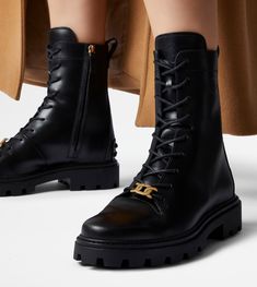 Woman BLACK Combat Boots in Leather XXW08J0EY53RBT42B999 | Tods Bold Shoes, Jerome Dreyfuss, Womens Combat Boots, Black Combat Boots, Walk This Way, Swag Shoes, Malene Birger, Rubber Heels, Beautiful Shoes