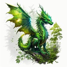 a green dragon sitting on top of a tree branch