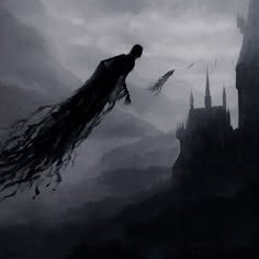 a black and white photo of a person flying in front of a castle on a foggy day