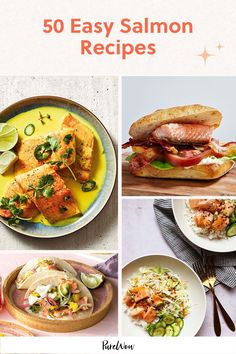 the cover of 50 easy salmon recipes, with pictures of fish and vegetables on plates