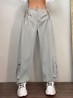 Grey Casual Collar  Fabric Plain Cargo Pants Embellished Non-Stretch  Women Bottoms Pants Embellished, Cargo Pants Style, Big Pants, Women Bottoms, Shein Icon, Crop Top Outfits, Elegant Dresses For Women, Trouser Style, Casual Suit