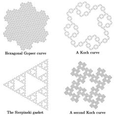 four different types of hexagonal goer curve and the second one is in black and white