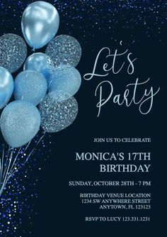 a party with balloons and confetti in blue tones is featured on the card