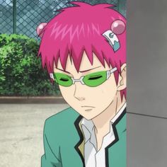 an anime character with pink hair and green glasses looking at something in front of him