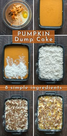 pumpkin dump cake ingredients in baking pans on top of a wooden table with text overlay