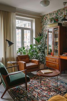 a living room filled with furniture and a large window covered in plants next to a wooden dresser