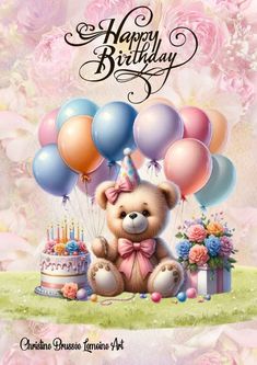 a happy birthday card with a teddy bear holding balloons and a cake in front of it