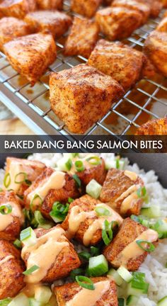 Salmon fillet chunks seasoned with simple Asian-inspired spices, baked hot and fast until crispy. Bang Bang Salmon Bites, Bang Bang Salmon, Salmon Bites Recipe, Seafood Delight, Salmon Bites, Fish Sticks, Fish Cakes, Fish Recipes Healthy