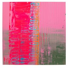 an abstract painting with pink, green and orange colors on it's side by side