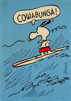 a cartoon dog on a surfboard with the words couabungaa above it