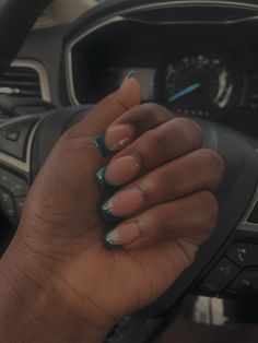 French Tip Nails Dark Green, Short Green French Tip, Short Green French Tip Nails, Green French Tip Nails Short, Emerald Green French Tip Nails, Dark Green French Tip, Emerald Green Nails Short, Dark Green French Tip Nails, Green Sparkly Nails