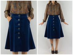 "Vintage velvet skirt - Betty Barclay Made in France 1970s Blue velvet skirt . A line cut. Mid length. 6 big blue front buttons. 2 pockets. Label inside .  In very good condition. 100% cotton Size : 40 The model wears usually a size S (EU 36-38) and measures 170cm - 66,9\".       Measures (taken flat):  Waist: 38cm - 14,9\" Bottom: 78cm - 30,7\" Length: 68cm - 26,7\" Please note that our items are vintage and may have minor imperfections. For more details, product information or additional photos, please do not hesitate to contact us." Blue Velvet Skirt, Wide Skirt, Cranberry Color, Winter Skirt, Velvet Skirt, Pretty Bags, Vintage Velvet, Big Blue, Modern Fabric